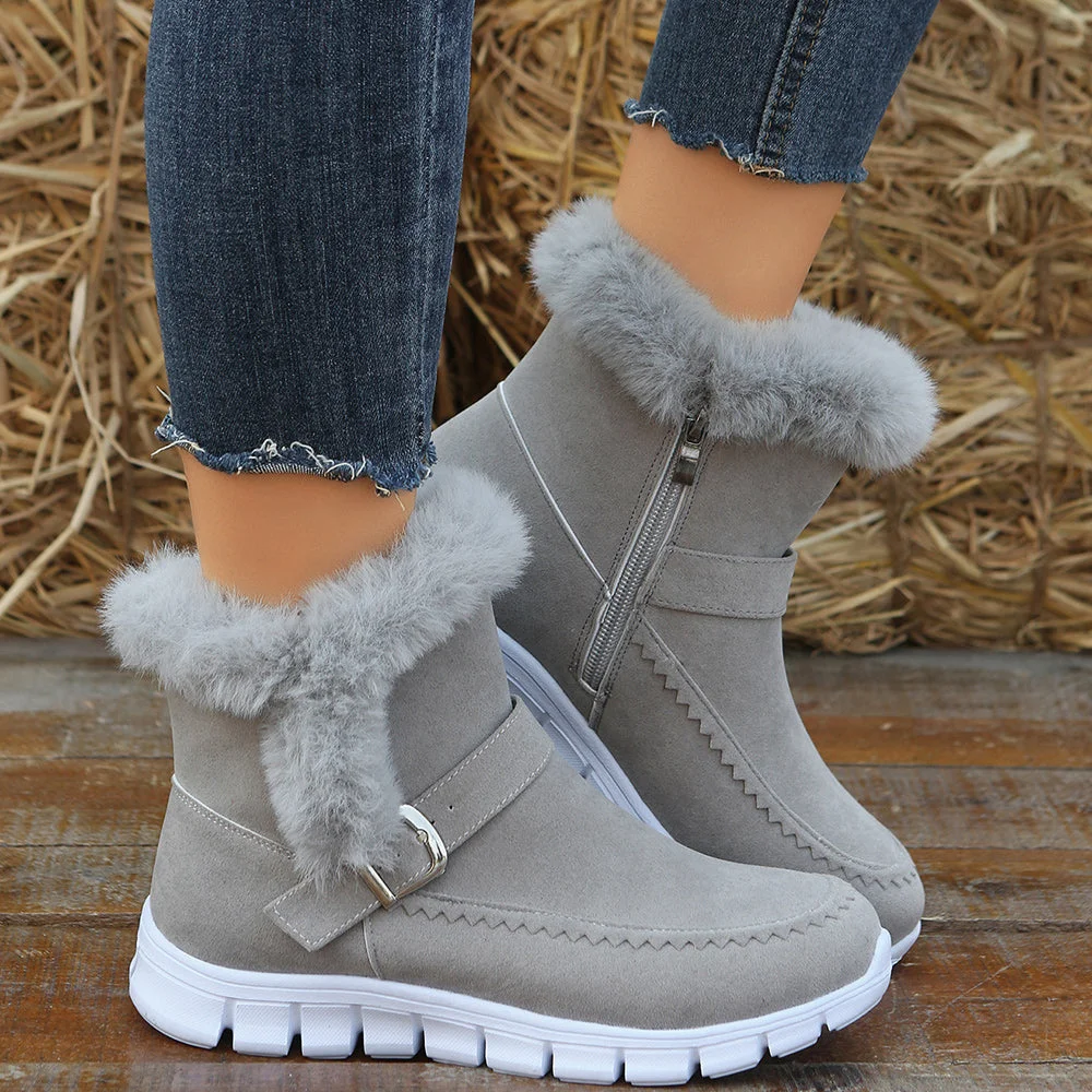 Smiledeer Women's Buckle Zipper Thickened Fleece Warm Snow Boots