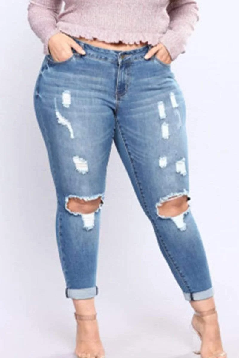 Fashion Plus Size Elastic Hole Jeans