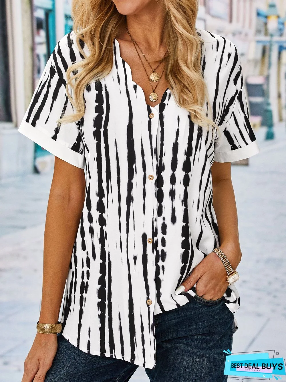 V Neck Casual Short Sleeve Blouse