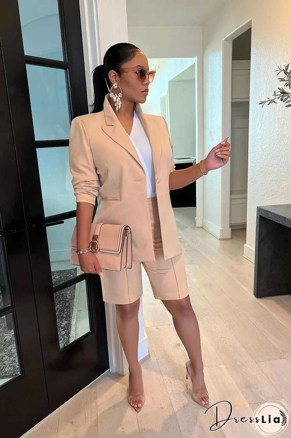 Solid Color Office Lady Blazer Two Piece Shorts Suit