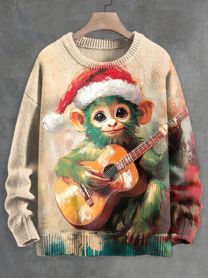 Men's Green Monkey Guitar Christmas Art Knit Sweatshirt