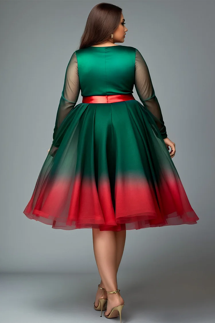 Xpluswear Design Plus Size Christmas Emerald Green Gradient V Neck Long Sleeve See Through Tulle Mini Dresses [Pre-Order]