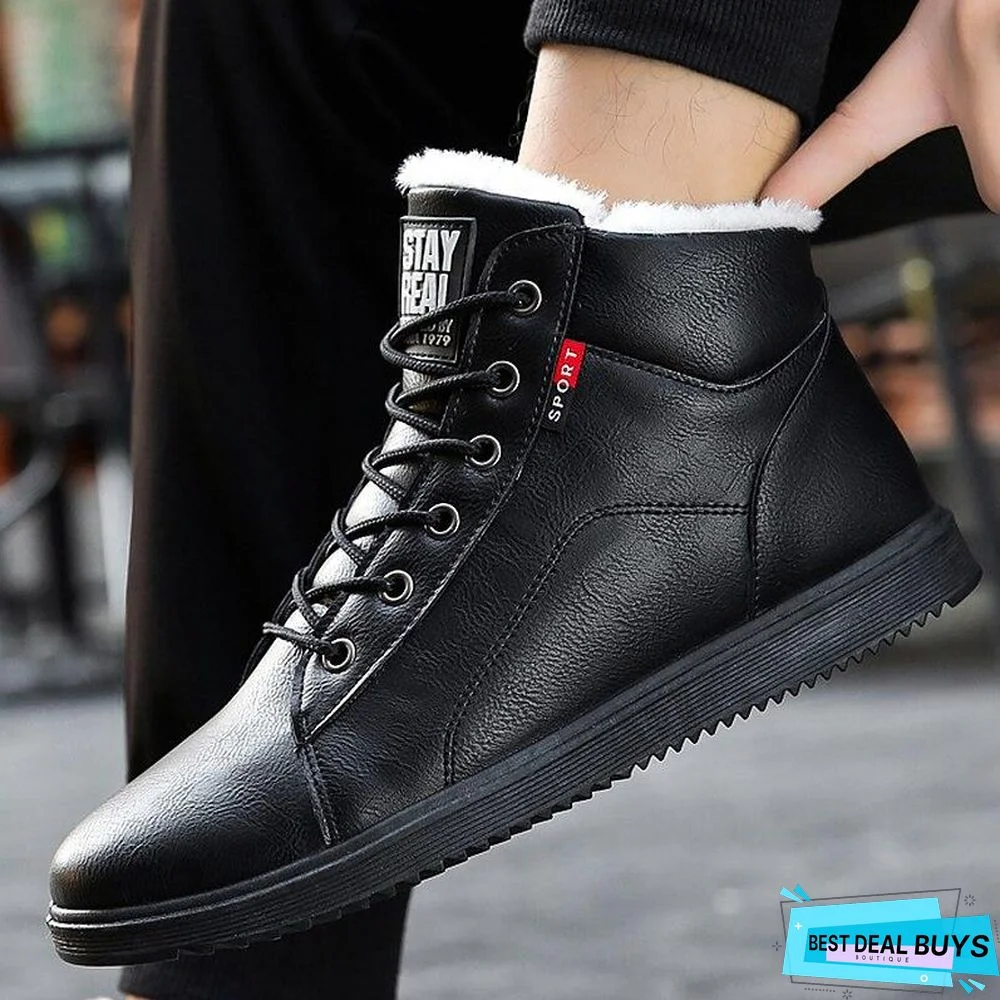 Men's Winter Boots Waterproof Short Plush Solid Fashion Ankle Boots Round Toe Wear-Resistant Male Boot