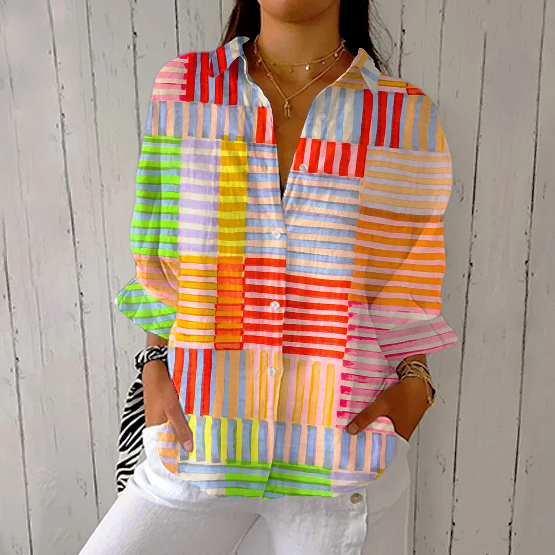 Women's Vintage Abstract Geometric Line Art Print Casual Linen V-neck Shirt