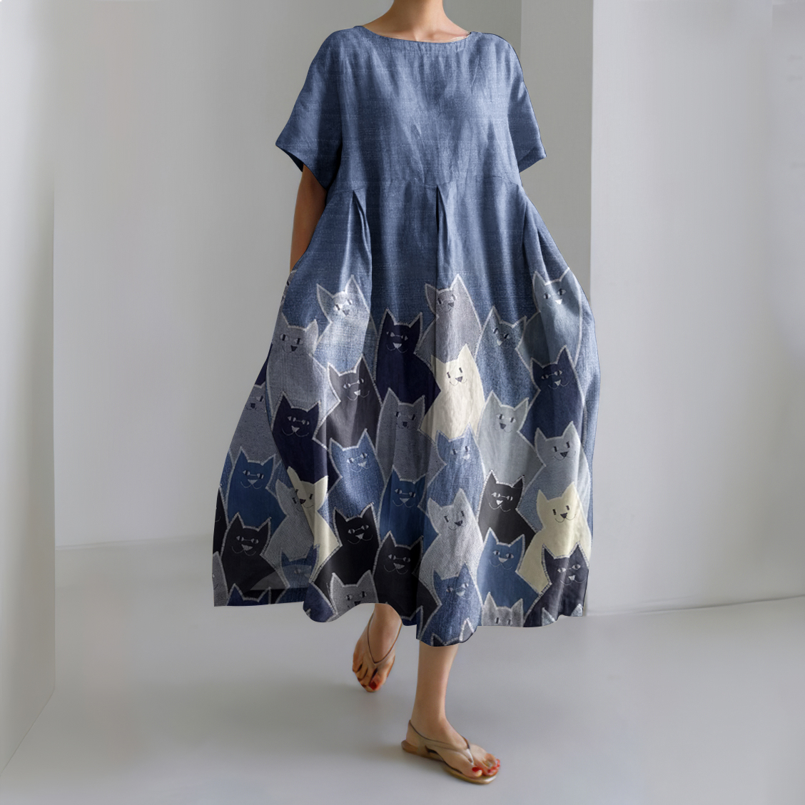 Comstylish Women's Abstract Geometric Cat Art Linen Blend Maxi Dress
