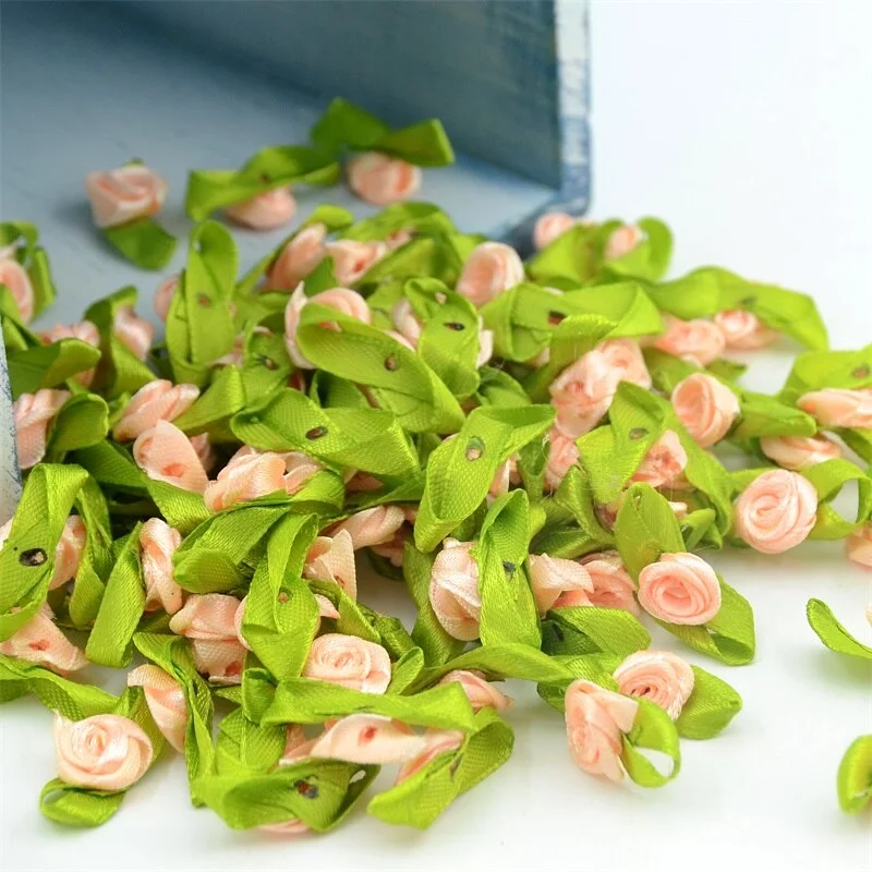 300pcs Mini Satin Ribbon Flower Silk Rose head Ribbon DIY Wedding Bow Appliques Craft Sewing Clothing Accessories  Decoration