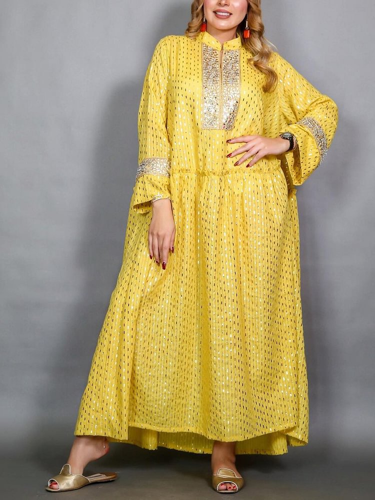 Stand collar gilded yellow kaftan dress