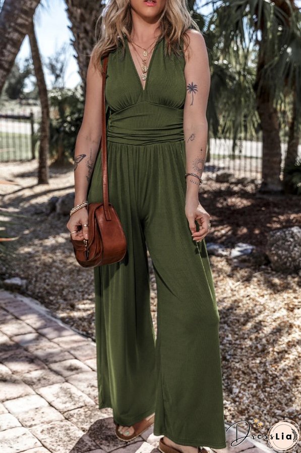 Moss Green Sleeveless V Neck Ruched Wide Leg Jumpsuit