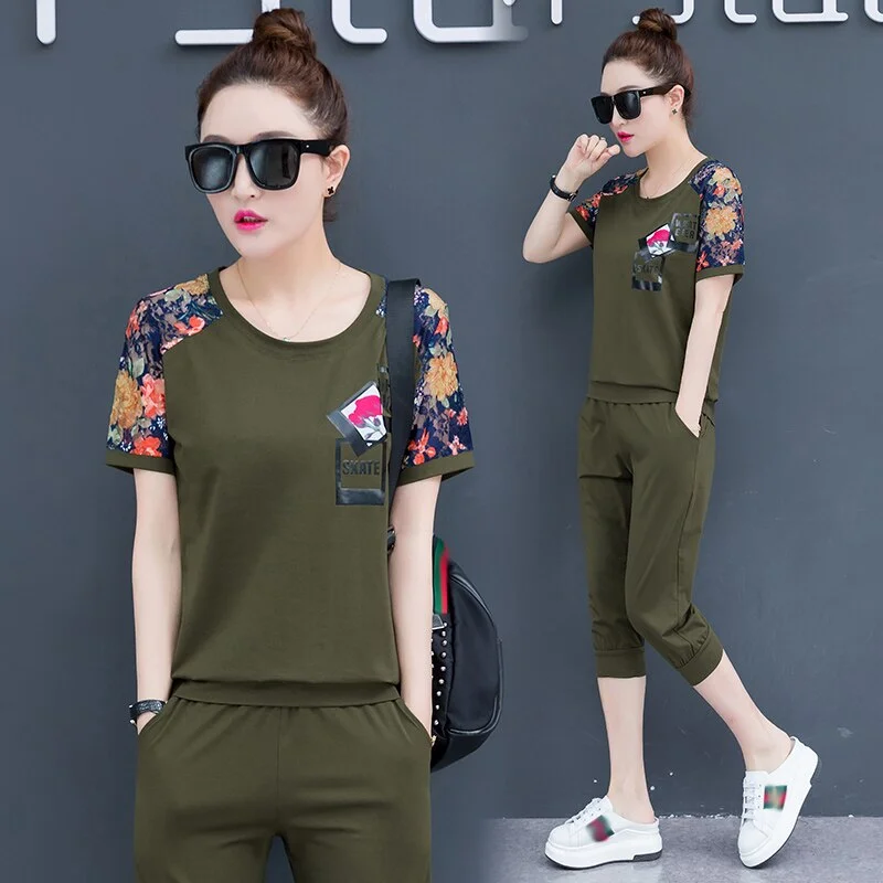 Tracksuits Women 2019 Summer Set 2 Pieces Women Clothing Set: Short Sleeve T-shirt+pants Casual Sportsuits Woman Track Suits