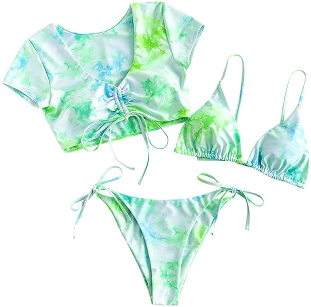 Women's Criss-Cross Tie Dye Cinched String Triangle Bikini Set Ribbed Floral Leaf Print Three Piece Swimsuit