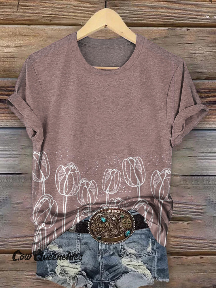 Vintage Floral Art Print Short Sleeve Crew Neck T-shirt Multicolor / S