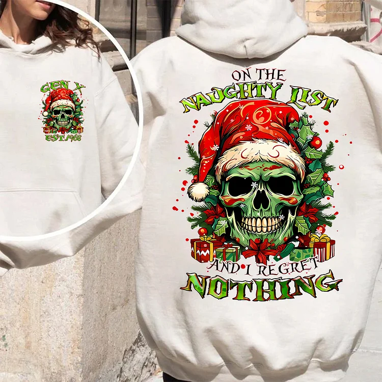 Gen X Naughty List Skull Christmas Hoodie, Regret Nothing Sweatshirt, T-shirt, Gen X Custom Birth Year Tee