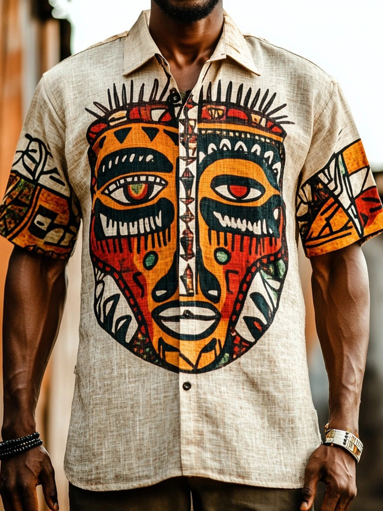 Men's African Tribal Patchwork Mask Pattern Linen Shirt