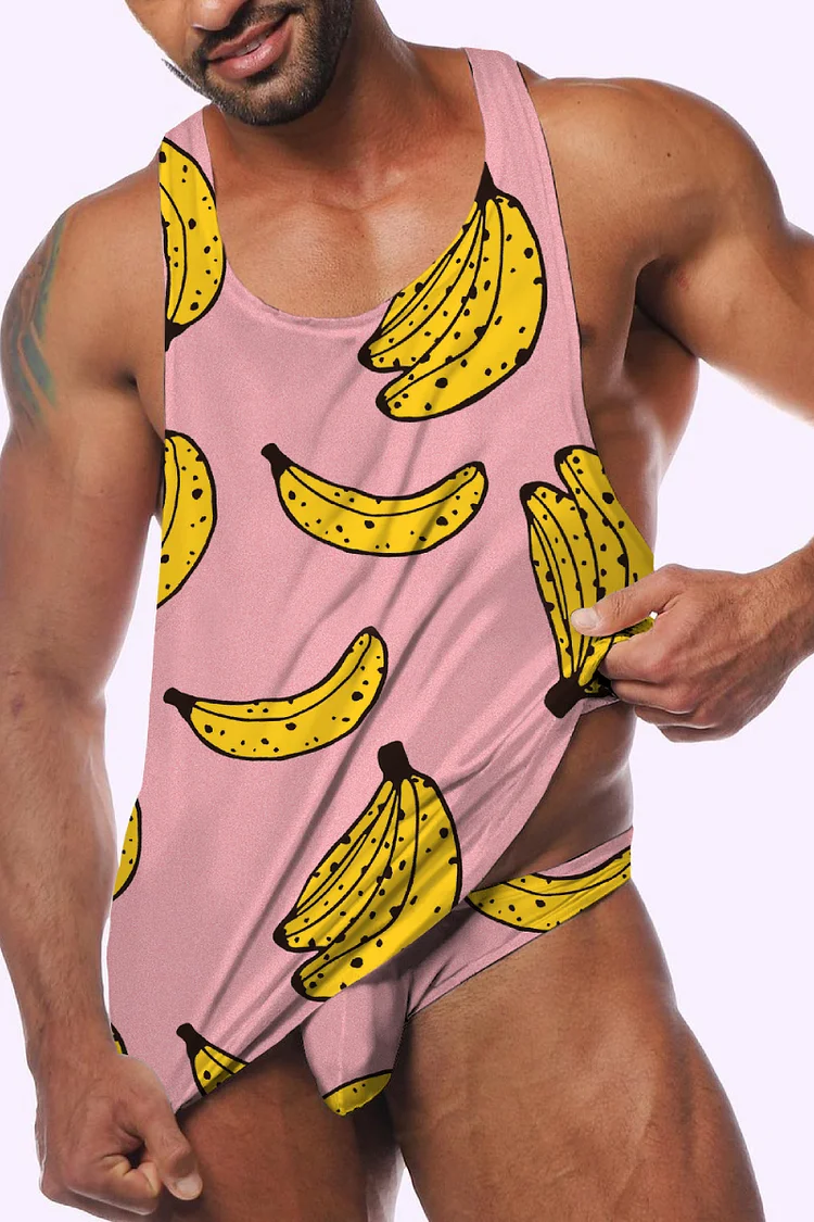 Banana Print Tank Top With Briefs Pink Two Piece Set 