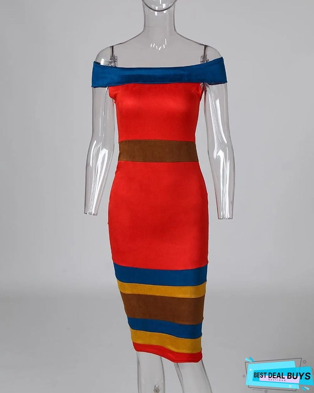 Off Shoulder Color Block Insert Bodycon Dress