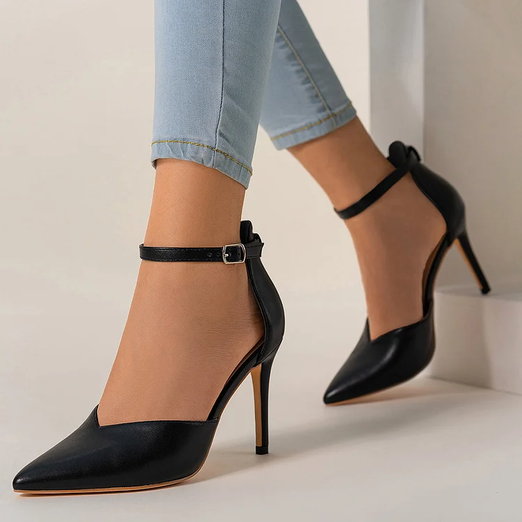 Black Pointed Toe Stilettos High Heel Ankle Strap Dress Pumps