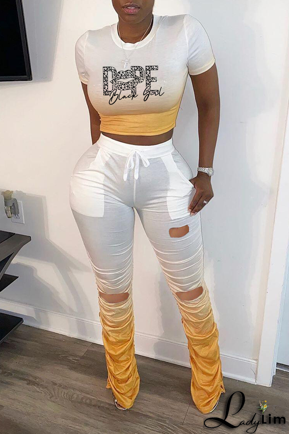 Red Fashion Gradual Change Ripped O Neck Short Sleeve Two Pieces