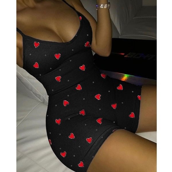 Bodysuit Women Sexy Plus Size Heart Print Bodycon Jumpsuit V Neck Sleeveless Slim Fit Romper Summer One Piece Jumpsuits 2021