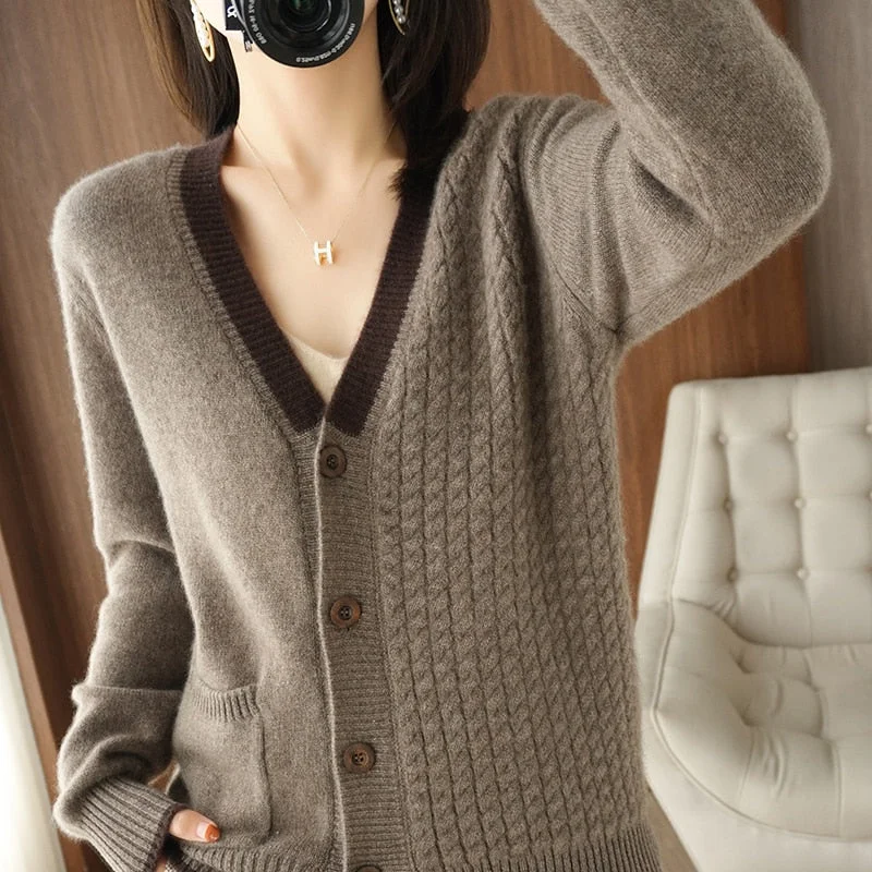 100% Cashmere V-neck sweater Autumn/Winter 2023 Women's  Collar Cardigan Casual Knit Tops Korean Plus Size Female Jacket