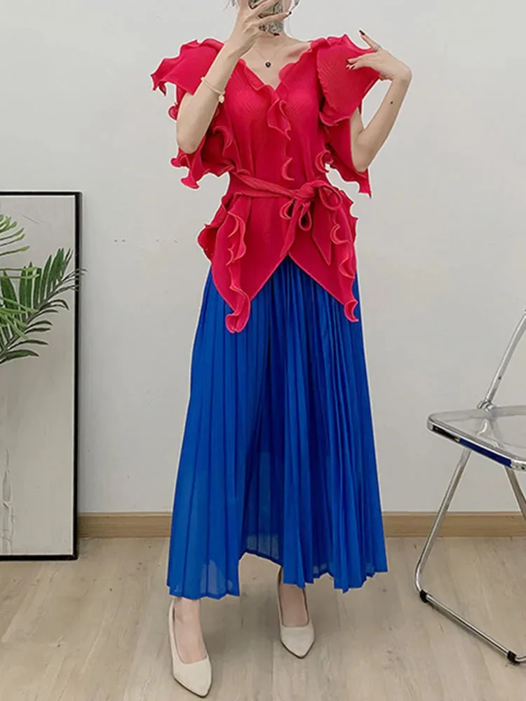 Art Orange V-neck Fungus Edge Lace-up Flying Sleeve Top And Contrast Color A-line Pleated Skirt Set