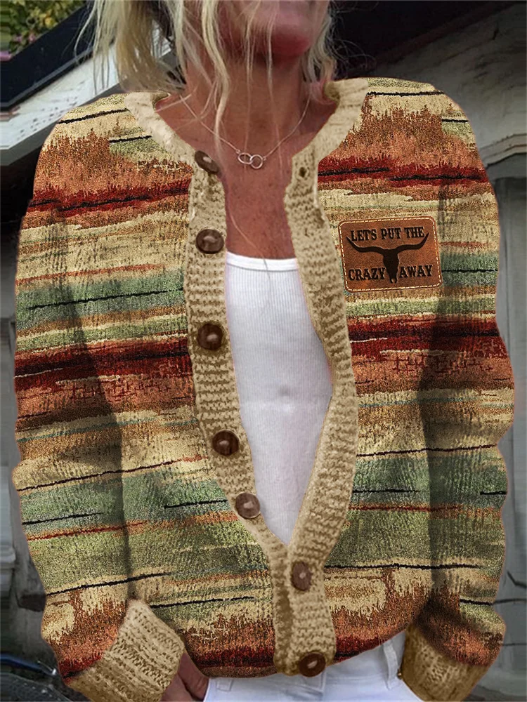 Utbros Put Crazy Away Leather Patch Western Landscape Striped Cozy Cardigan