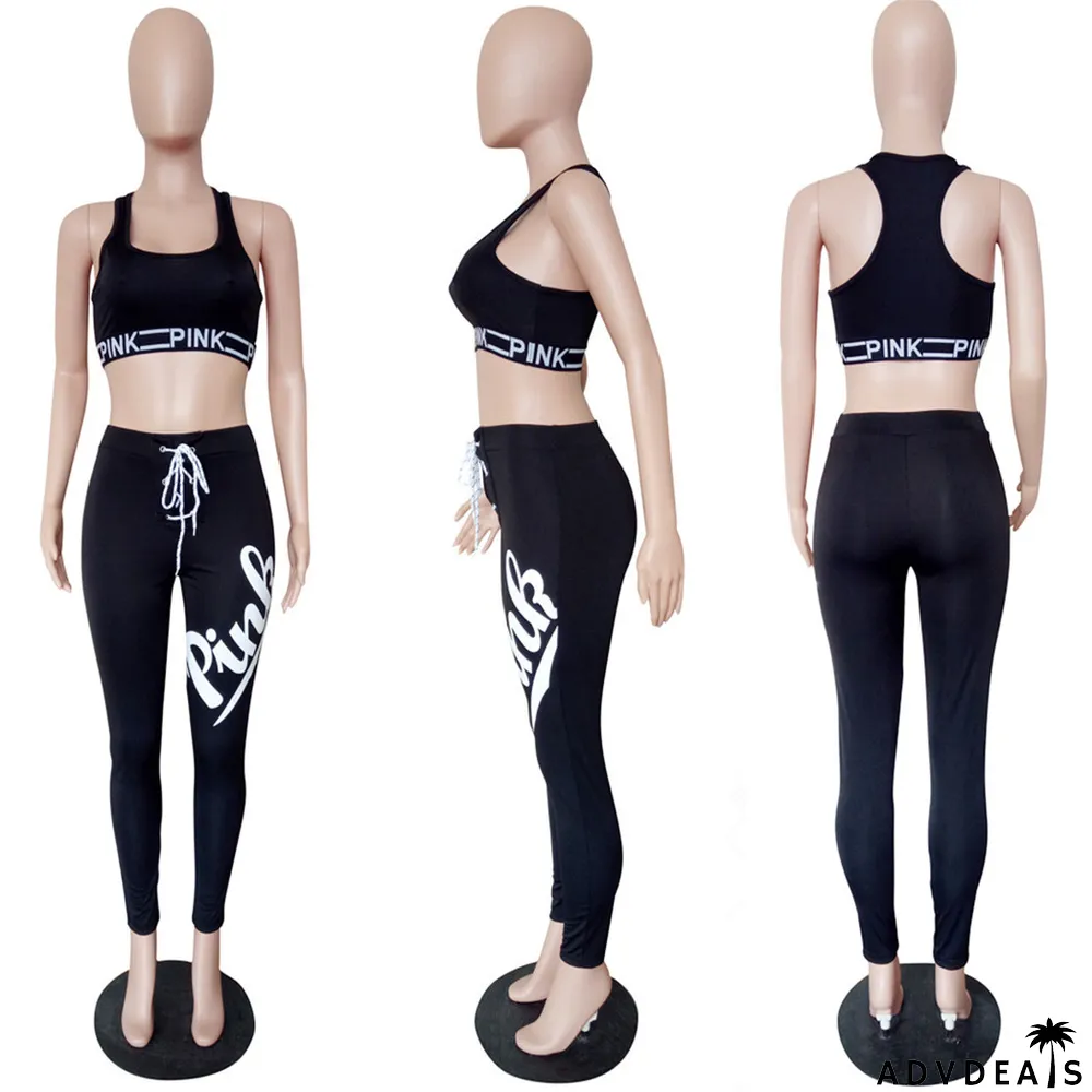 Pink Letter Print Sports Two Piece Pants Sets