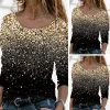 New Long Sleeve Round Neck Geometric Gradient Glittering Christmas Print Top T-shirt Women