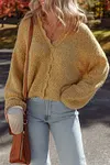 Women's Elegant Lantern Sleeve Scallop V Neck Buttoned Front Cropped Cardigan