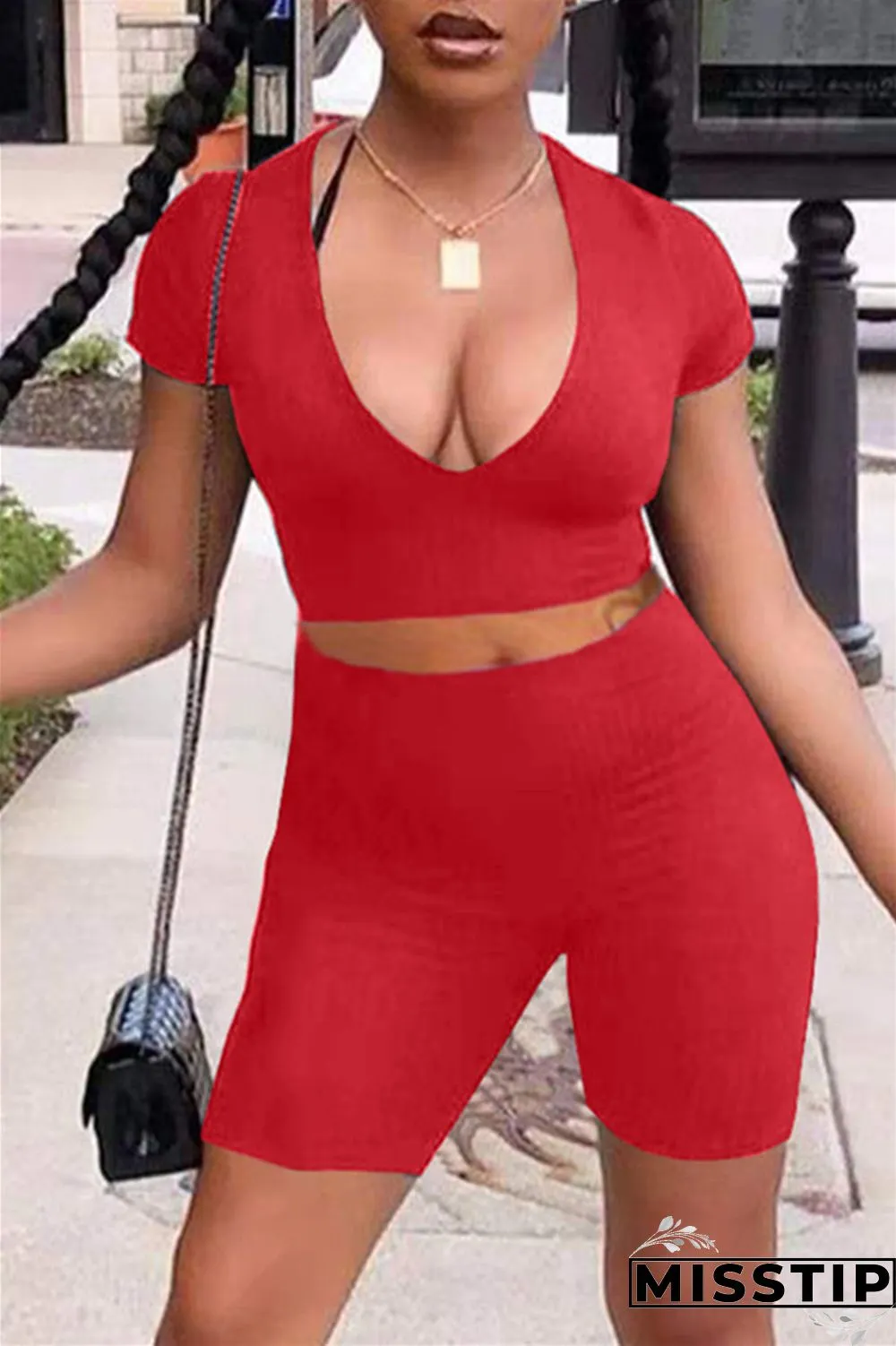 Orange Fashion Casual Solid Basic V Neck Short Sleeve Two Pieces