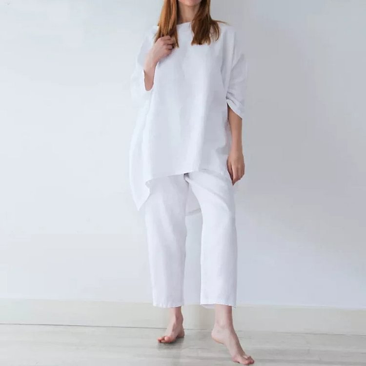 Solid Color Simple Cotton And Linen Two Piece Set