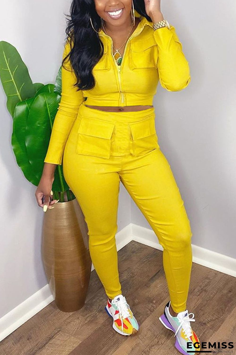 Yellow Fashion Casual Solid Basic Turndown Collar Long Sleeve Two Pieces | EGEMISS