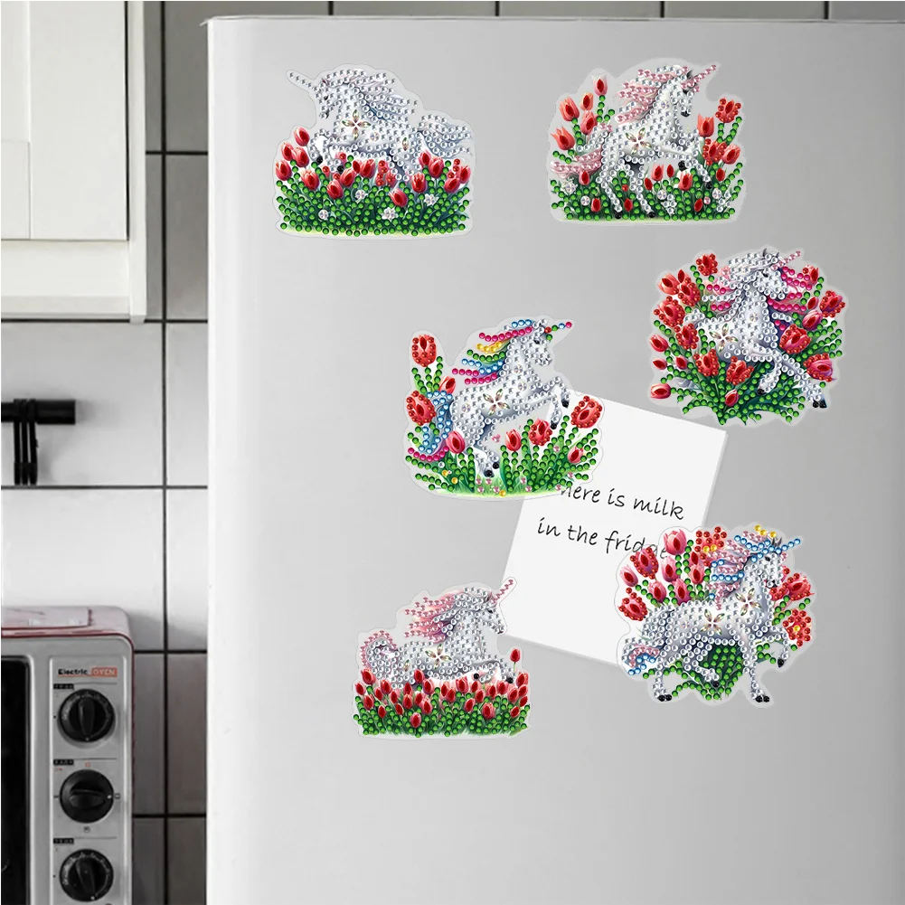  6 Pcs Tulip Horse Diamond Painting Cartoon Fridge Magnetic Stickers