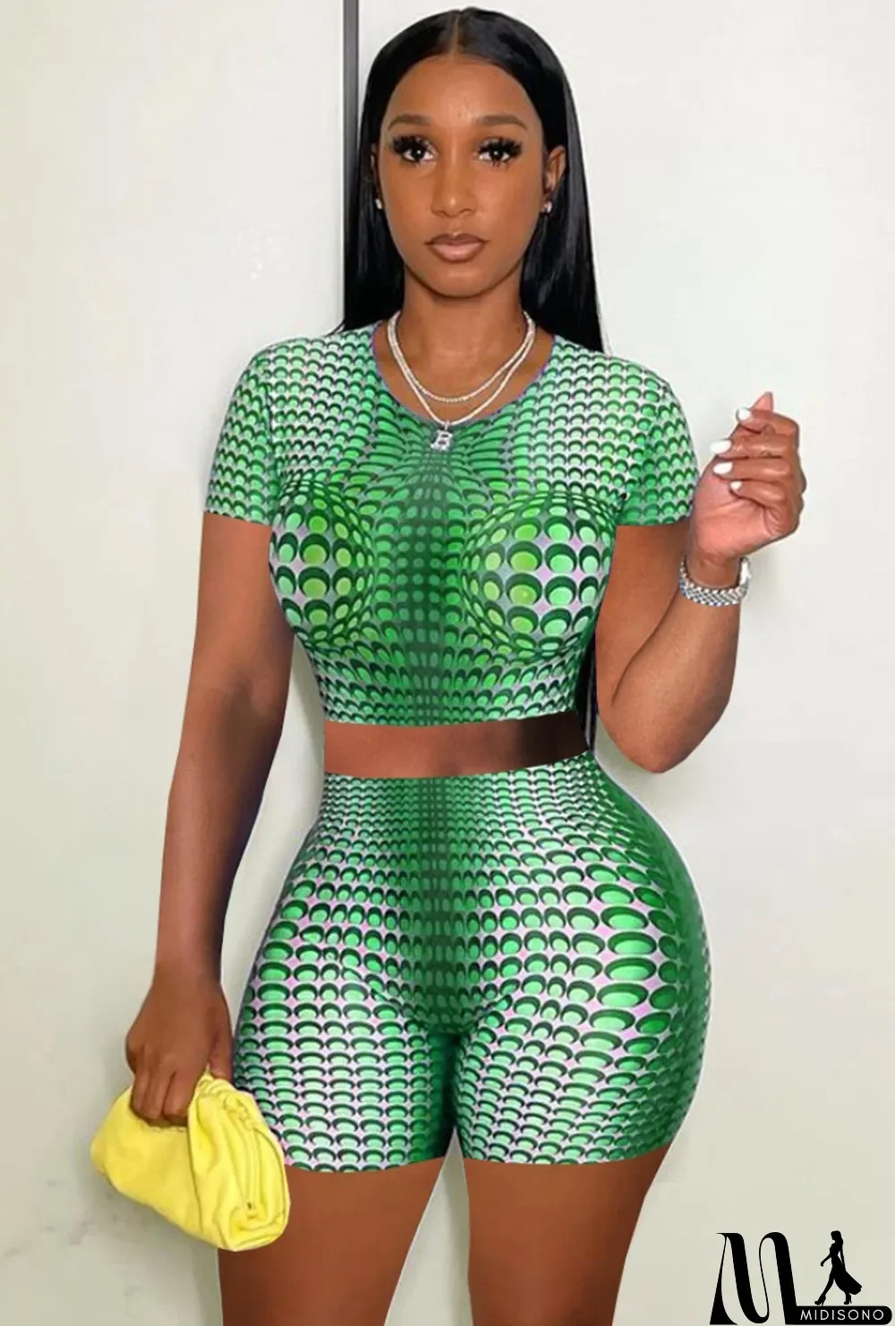 MidiSono - Summer Print Green Sexy Crop Top and Biker Shorts 2 Piece Matching Set