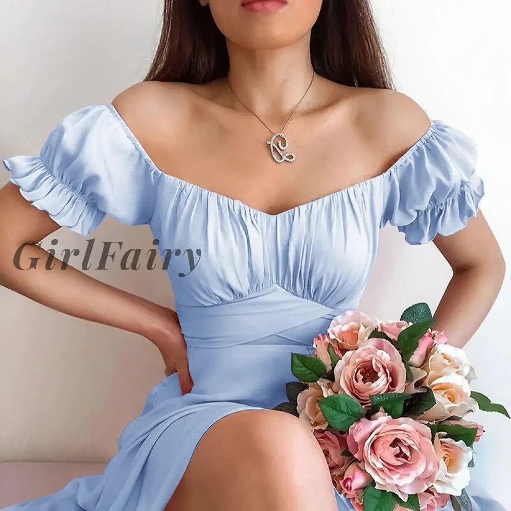 Girlfairy 2023 New Sexy Off The Shoulder Chiffon Dress Casual Puff Sleeve Bow Sashes Dresses Women