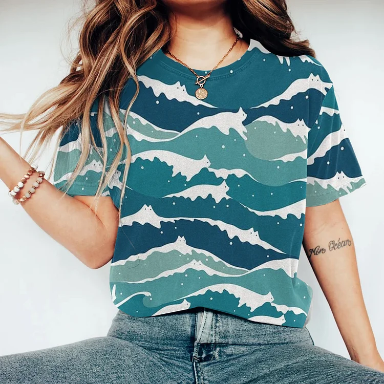 Abstract Creative Wave Cat Painting Art T-Shirt
