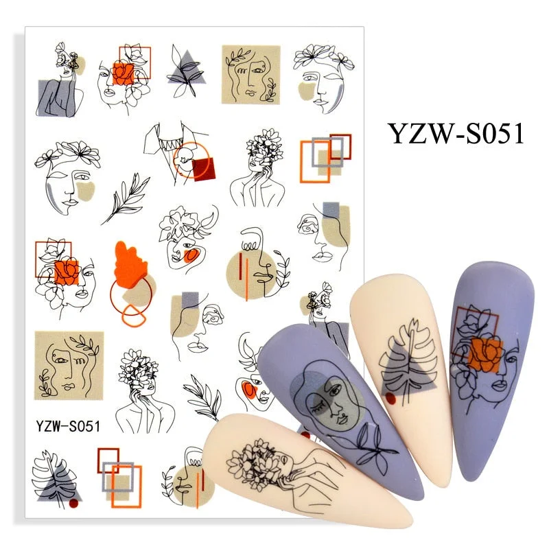Sexy Lady Shaped Fashion Nail Sticker Geometric Abstract Line Nails Inspired Decals Art 3D Adhesive Sliders Manicure Accessory-Nail Inspo