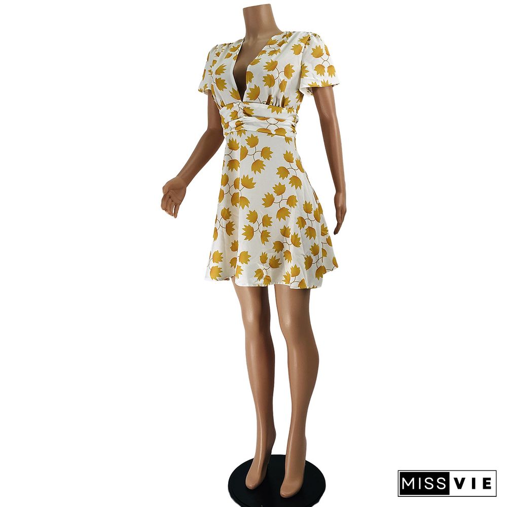 Women Casual V Neck Short Sleeve A Line Mini Dress