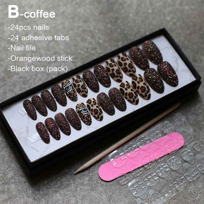 Matte tiger Nail Acrylic Fake nail black box Leopard Accent Press on Nails coffee flash stiletto false nails brown glitter Gold-Nail Inspo