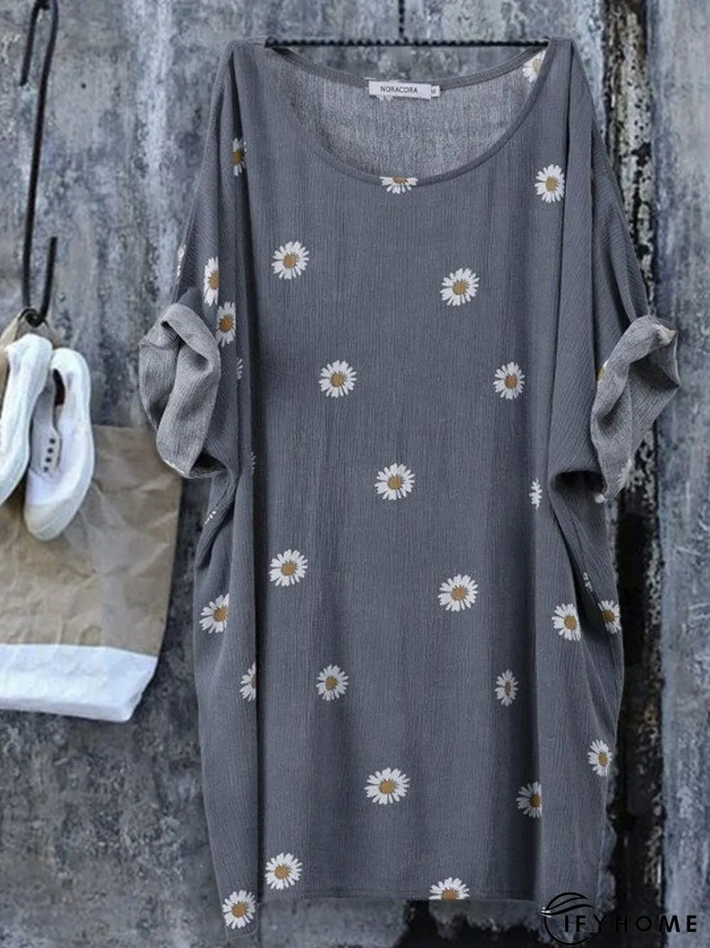 Gray Cotton-Blend Short Sleeve Floral Tops | IFYHOME