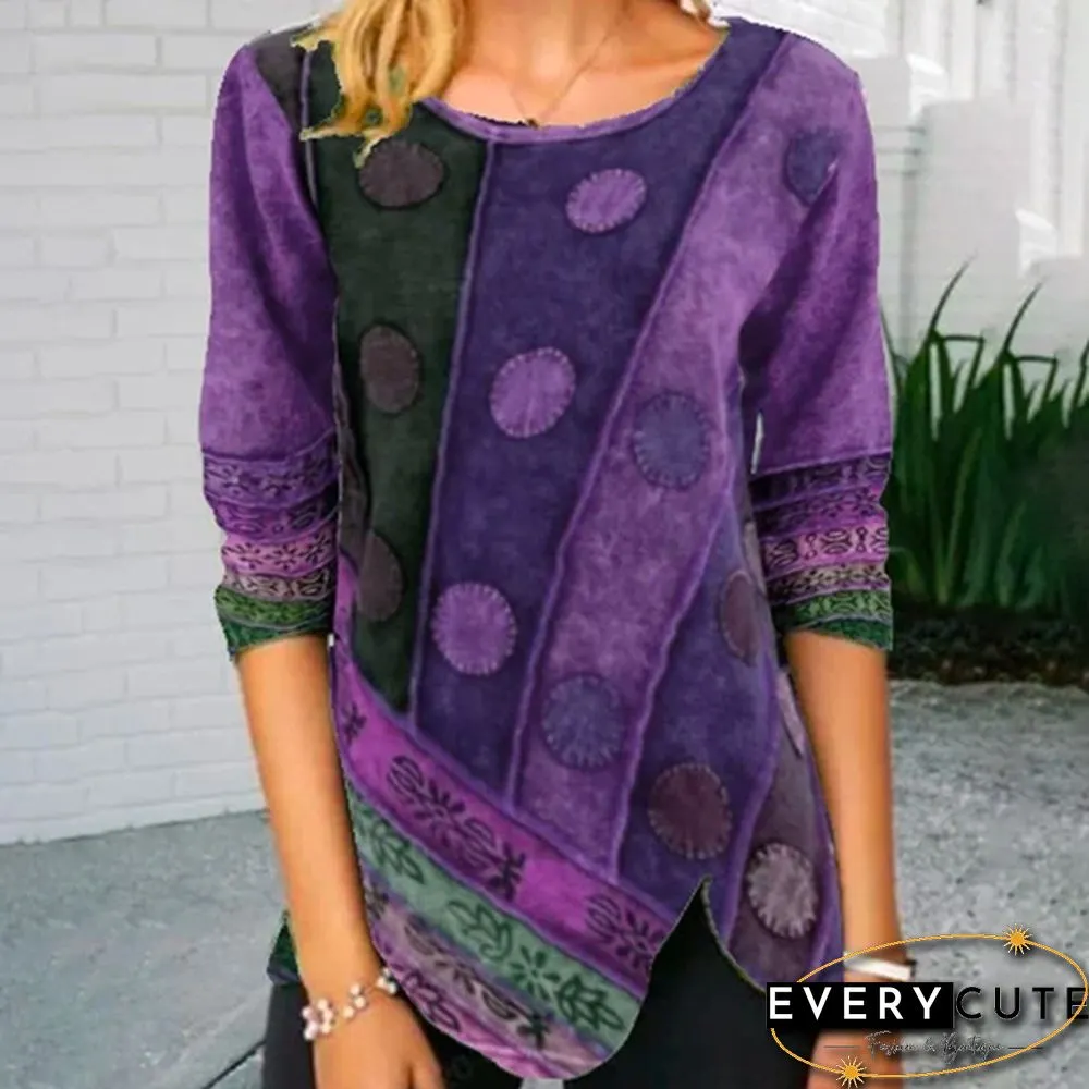 Womens Fashion Autumn and Spring Printed Long-sleeved Round-neck Casual T-shirt Loose Plus