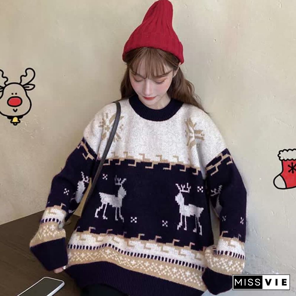 Christmas Reindeer Pattern Colorblock Round Collar Sweater
