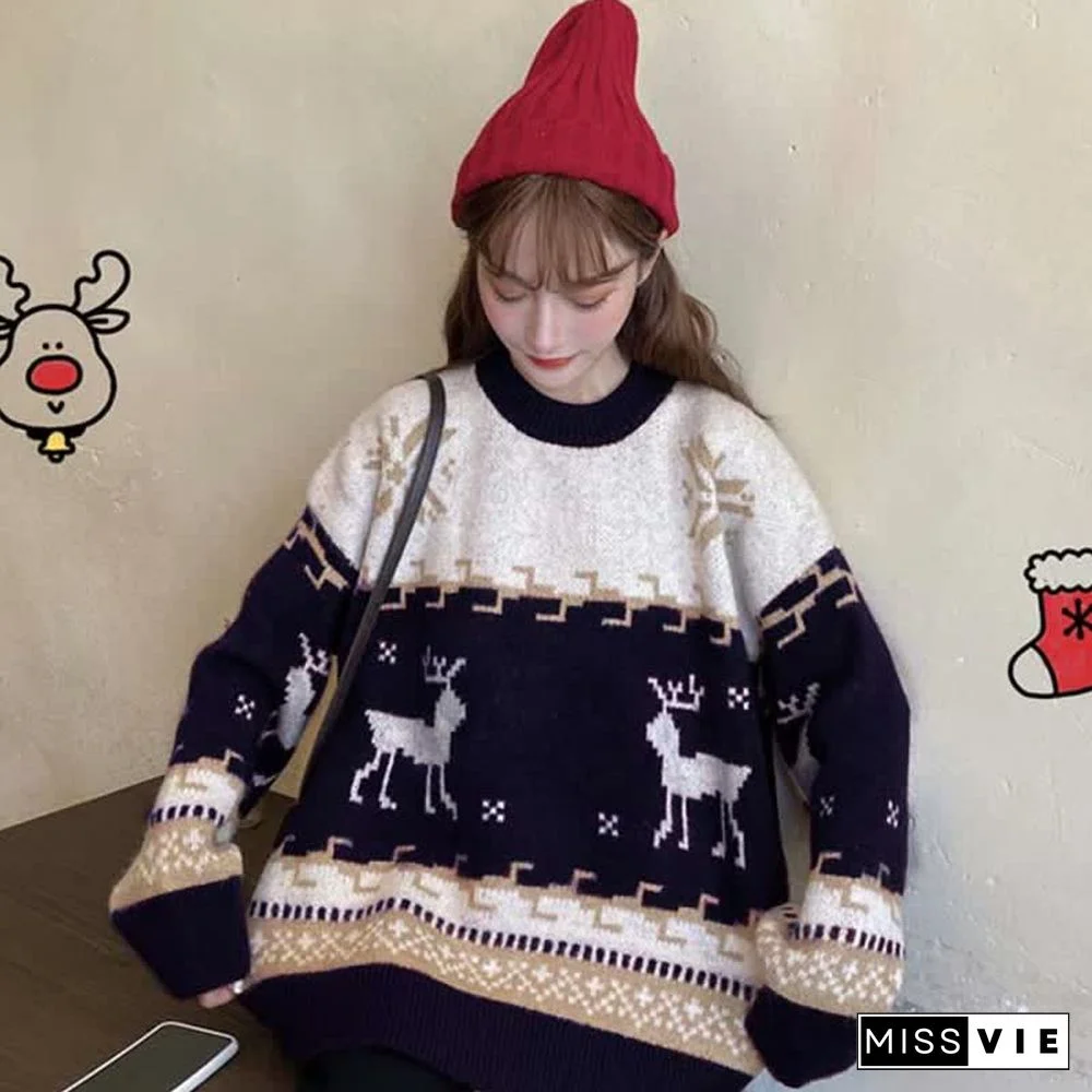 Christmas Reindeer Pattern Colorblock Round Collar Sweater