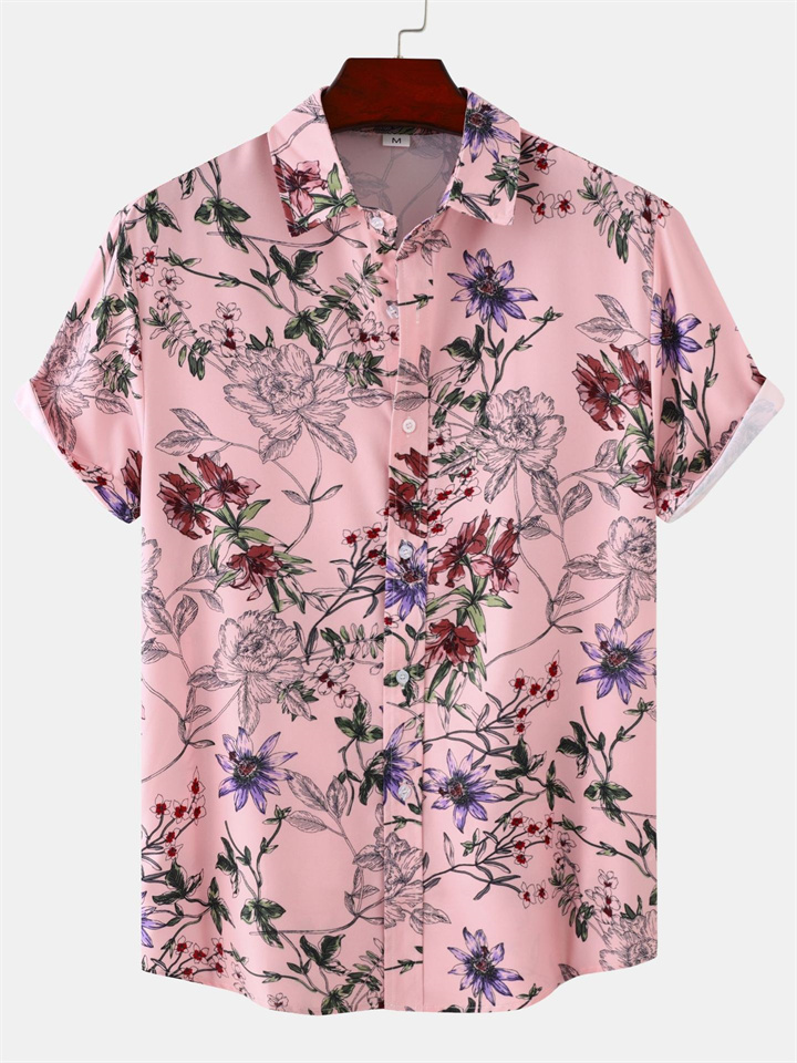 Summer New Floral Print Men's Casual Lapel Shirt Short-sleeved Floral Shirt Slim-type Men's Clothing-JRSEE