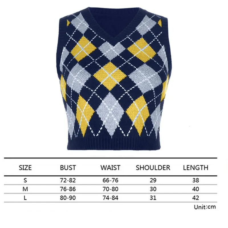 Argyle Sweater Vest Women  Black Sleeveless Plaid Knitted Crop Sweaters Casual Autumn Preppy Style 2020 tops V Neck Vintage
