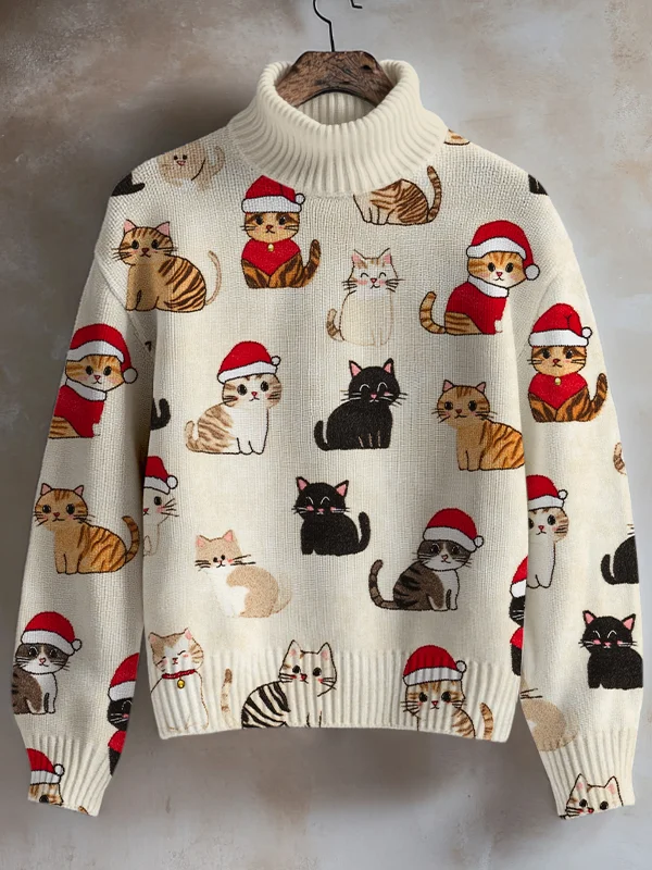 Women's Christmas Cats Print High Neck Knit Sweatshirt
