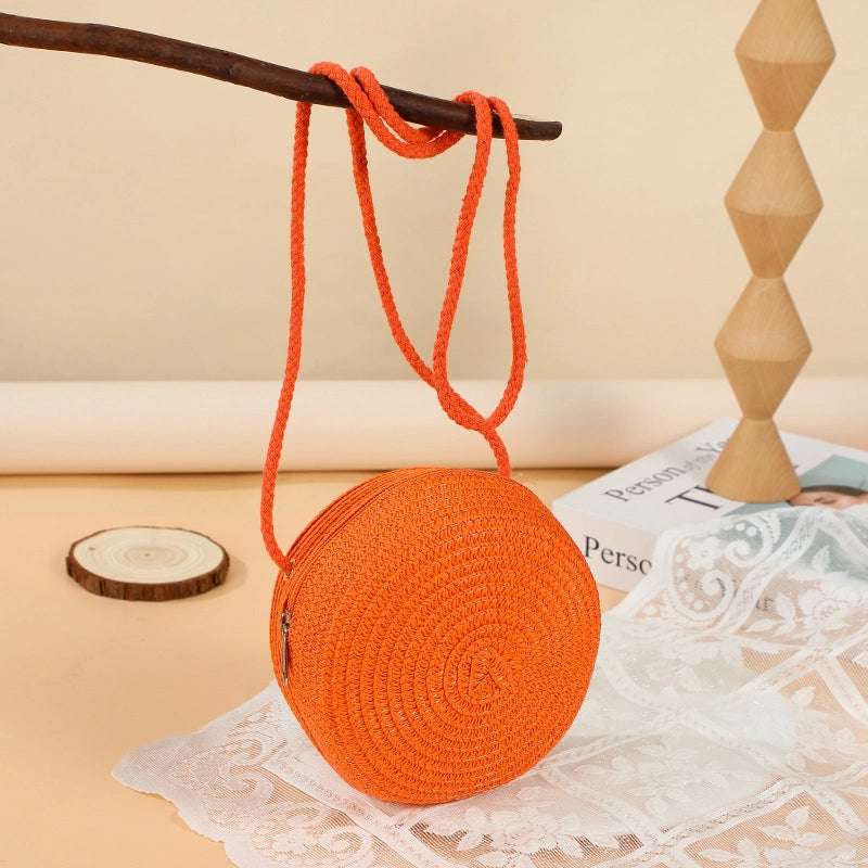 Girl’S Straw Solid Color Cute Round Zipper Shoulder Bag