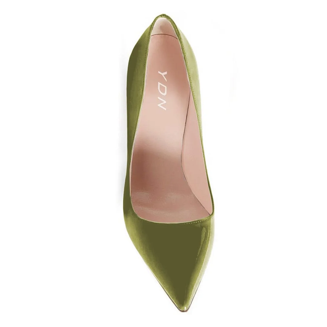 Women's Patent Leather Pointed Toe Classic Pumps Heels in Olive