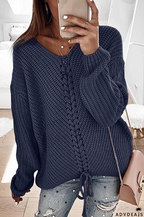 V Neck Lace Up Sweater