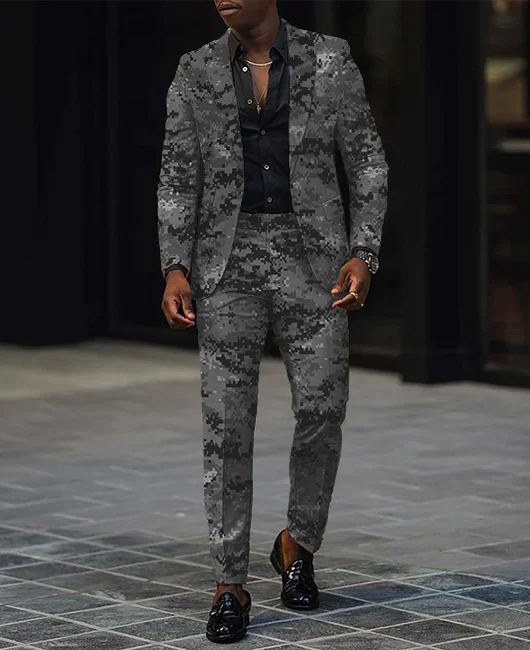 Okaywear Camouflage Pattern Lapel Collar Blazer & Pants 2Pcs Set 