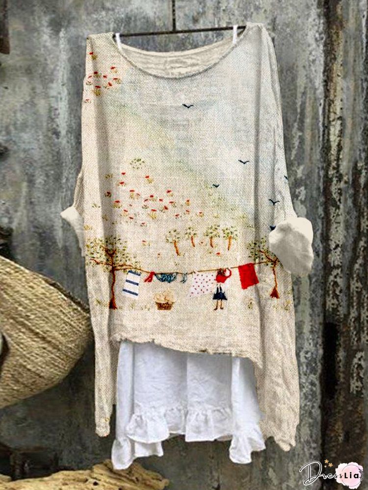 Summer Printed Cotton And Linen Two-piece Blouse